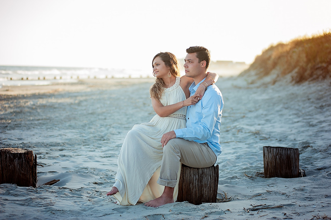 folly beach, beach, sunset,  beach dress, couple, summerville photographer, family photographer